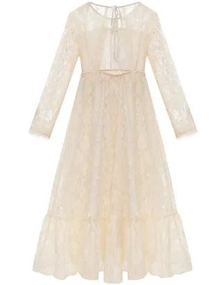 ALLOVIN Girl's Long Sleeve A-Line Lace Maxi Dress Backless Ruffle Hem Flower Girl Party Dress