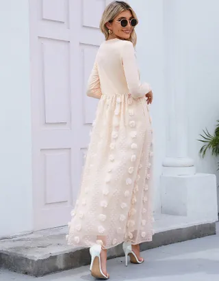 ALLOVIN Women's Long Sleeve Hollow Out Boho Maxi Dress Flowy Casual Long Tulle Dress with Pockets