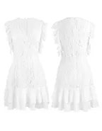 ALLOVIN Women's Elegant V Neck Ruffle Hem Floral Lace Cocktail Dress Sleeveless Wedding Guest Party Dress White