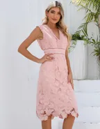 ALLOVIN Women's Sleeveless V Neck Floral Lace Cocktail Dress Knee Length Elegant Formal Party Dress Pink