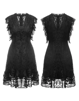 ALLOVIN Women's Elegant V Neck Ruffle Hem Floral Lace Cocktail Dress Sleeveless Wedding Guest Party Dress Black