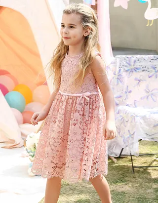 ALLOVIN Toddler Girl A-Line Wedding Lace Dress Pink