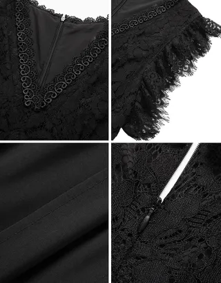 ALLOVIN Women's Elegant V Neck Ruffle Hem Floral Lace Cocktail Dress Sleeveless Wedding Guest Party Dress Black