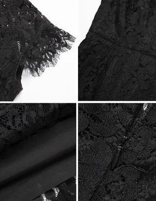 ALLOVIN Women's Sleeveless V-Back Floral Lace Cocktail Party Dress Elegant Knee Length Wedding Guest Dress Black