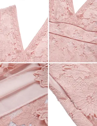 ALLOVIN Women's Sleeveless V Neck Floral Lace Cocktail Dress Knee Length Elegant Formal Party Dress Pink