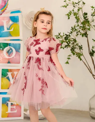 ALLOVIN Toddler Girl 3D-Butterfly Embroidered Lace Dress