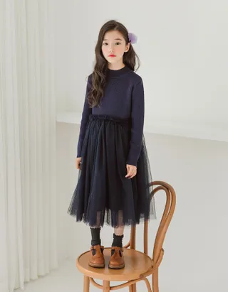 ALLOVIN Toddler Girls Textured Knit & Tulle Dress