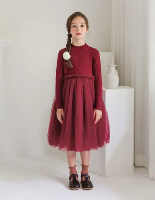 ALLOVIN Toddler Girls Textured Knit & Tulle Dress