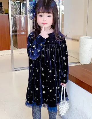 ALLOVIN Sparkly Stars Navy Blue Velvet Dress