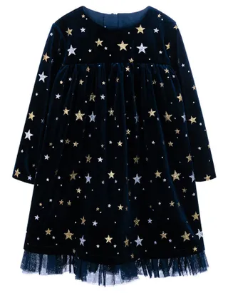ALLOVIN Sparkly Stars Navy Blue Velvet Dress