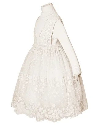 Allovin Junior Girl Long Sleeve Lace Sundress Decorated Knitted Sweater Tulle Dress