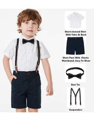Toddler Boys Bow Tie Short Sleeve 100% Cotton Shirt & Suspender Shorts