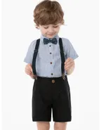 Toddler Boys Bow Tie Short Sleeve Striped 100% Washed Linen Shirt & Suspender Shorts