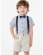 Toddler Boys Bow Tie Short Sleeve Striped 100% Washed Linen Shirt & Suspender Shorts