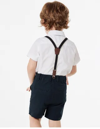 Toddler Boys Bow Tie Short Sleeve 100% Cotton Shirt & Suspender Shorts