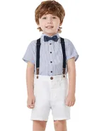 Toddler Boys Bow Tie Short Sleeve Striped 100% Washed Linen Shirt & Suspender Shorts