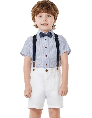 Toddler Boys Bow Tie Short Sleeve Striped 100% Washed Linen Shirt & Suspender Shorts