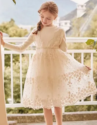Allovin Junior Girl Long Sleeve Lace Sundress Decorated Knitted Sweater Tulle Dress
