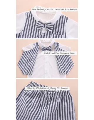 Baby Boy Bow Front Button Shirt & Striped Print Vest & Pants