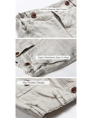 Toddler Boys Bow Tie Short Sleeve Striped 100% Washed Linen Shirt & Suspender Shorts