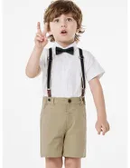 Toddler Boys Bow Tie Short Sleeve 100% Cotton Shirt & Suspender Shorts