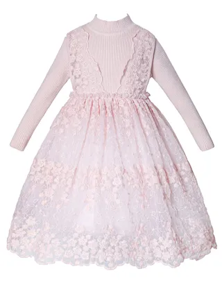 Allovin Junior Girl Long Sleeve Lace Sundress Decorated Knitted Sweater Tulle Dress