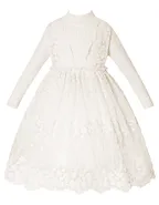 Allovin Junior Girl Long Sleeve Lace Sundress Decorated Knitted Sweater Tulle Dress