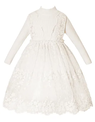 Allovin Junior Girl Long Sleeve Lace Sundress Decorated Knitted Sweater Tulle Dress