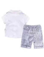 Baby Boy Bow Front Button Shirt & Striped Print Vest & Pants