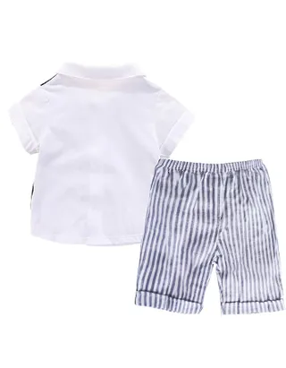Baby Boy Bow Front Button Shirt & Striped Print Vest & Pants