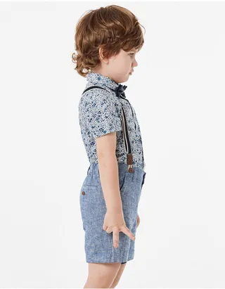 Toddler Boys Bow Tie Short Sleeve Floral Printed Linen Cotton Shirt & Suspender Shorts