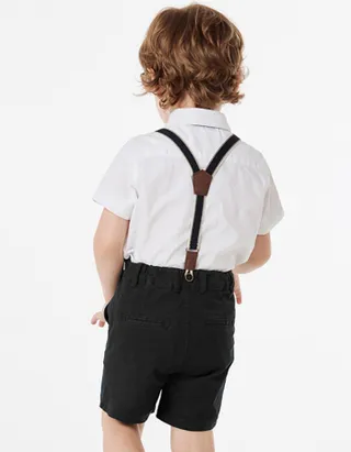 Toddler Boys Bow Tie Short Sleeve 100% Cotton Shirt & Suspender Shorts