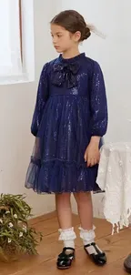 Allovin Toddler Girl A-line Long Sleeve Princess Sequin Tulle Dress for Party