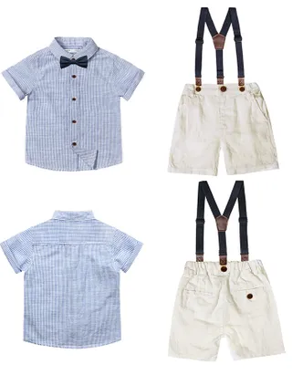 Toddler Boys Bow Tie Short Sleeve 100% Cotton Shirt & Suspender Shorts