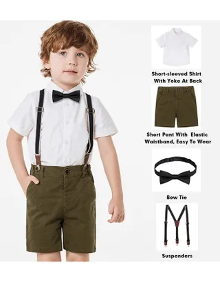 Toddler Boys Bow Tie Short Sleeve 100% Cotton Shirt & Suspender Shorts