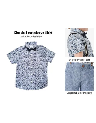Toddler Boys Bow Tie Short Sleeve Floral Printed Linen Cotton Shirt & Suspender Shorts