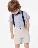 Toddler Boys Bow Tie Short Sleeve 100% Cotton Shirt & Suspender Shorts