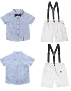 Toddler Boys Bow Tie Short Sleeve Striped 100% Washed Linen Shirt & Suspender Shorts