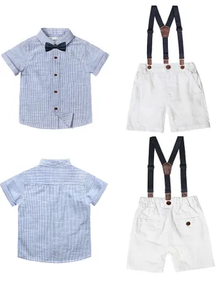 Toddler Boys Bow Tie Short Sleeve Striped 100% Washed Linen Shirt & Suspender Shorts