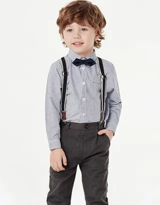 Toddler Boys Bow Tie Button Up Long Sleeve Shirt & Suspender Pants