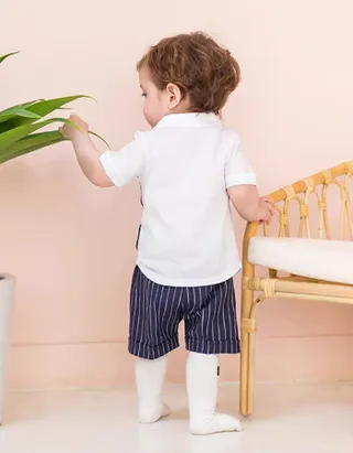 Baby Boy Bow Front Button Shirt & Striped Print Vest & Pants