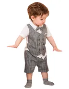 Baby Boy Bow Front Button Shirt & Striped Print Vest & Pants