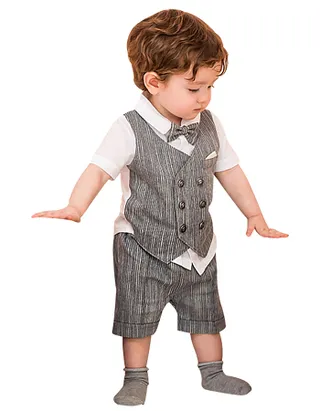 Baby Boy Bow Front Button Shirt & Striped Print Vest & Pants