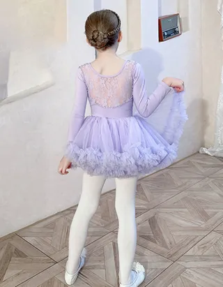 Allovin Long Sleeve Tutu Lace Ballet Leotard Dance Dress