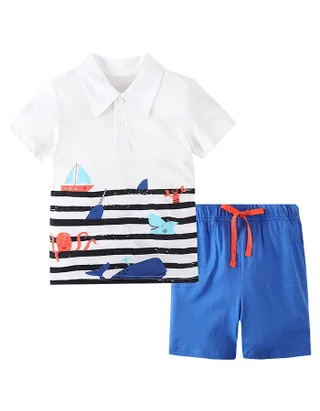 Toddler Boys Supersoft Happy Sea Life Ptinted Jersey Polo Shirt & Pants Set