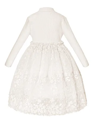 Allovin Junior Girl Long Sleeve Lace Sundress Decorated Knitted Sweater Tulle Dress