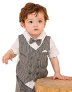 Baby Boy Bow Front Button Shirt & Striped Print Vest & Pants