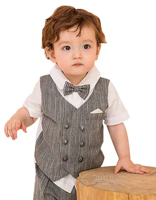 Baby Boy Bow Front Button Shirt & Striped Print Vest & Pants