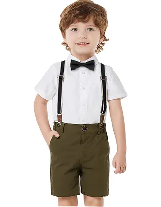 Toddler Boys Bow Tie Short Sleeve 100% Cotton Shirt & Suspender Shorts