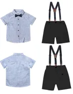 Toddler Boys Bow Tie Short Sleeve Striped 100% Washed Linen Shirt & Suspender Shorts